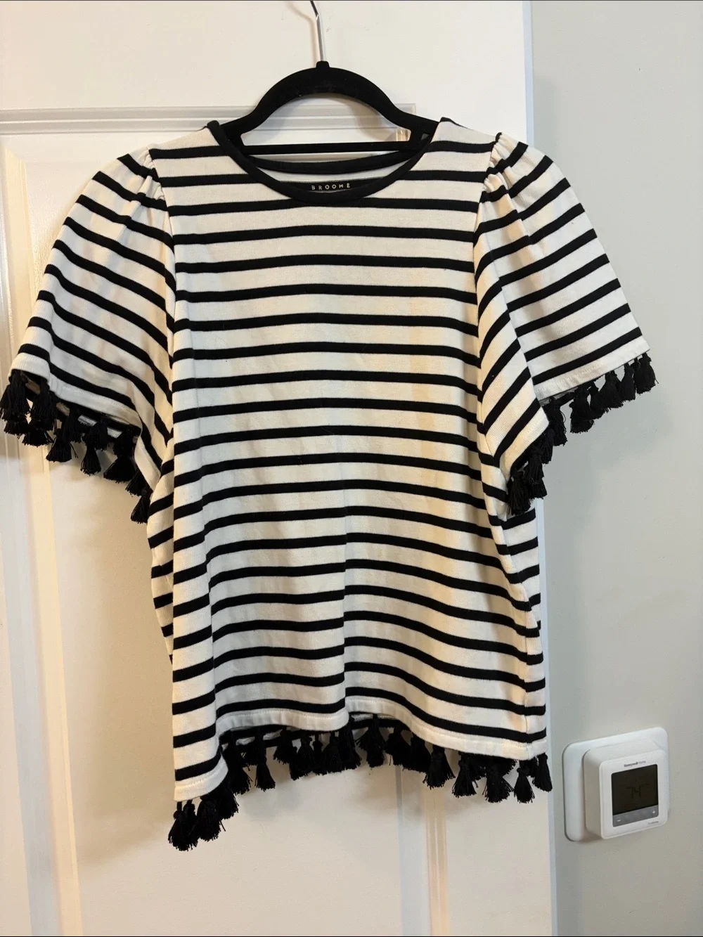 Black and White Striped Short Sleeve Tee with Tassel Trim